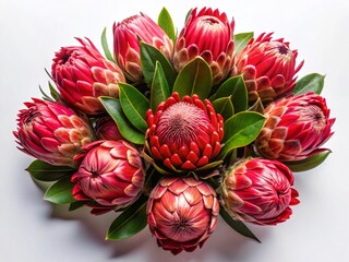 Fototapeta premium Stunning Close-up of Red Protea Flower Bunch Isolated on White Background - Perfect for Design Projects