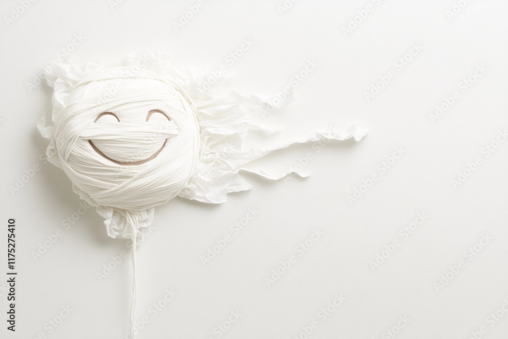 Poster A playful drawing of a knitting project unraveling into the shape of a smiling face on a clean white background