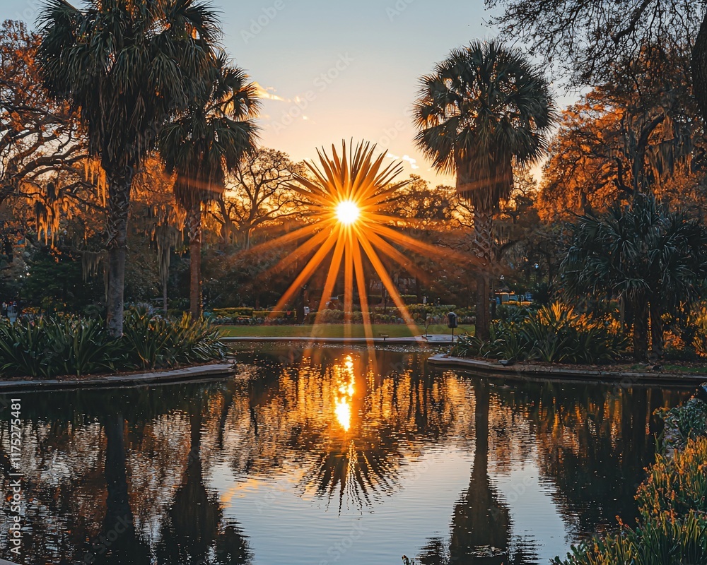 Poster sunset rays burst through palm trees reflecting in a tranquil pond.