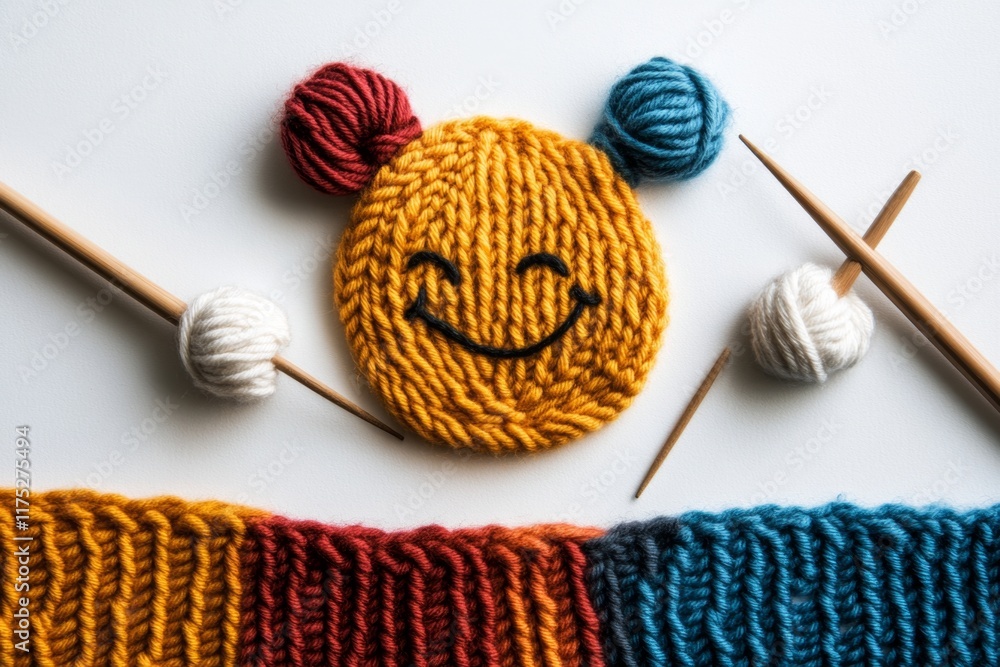 Poster A playful drawing of a knitting project unraveling into the shape of a smiling face on a clean white background