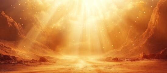 Dramatic desert landscape with glowing sand dunes and sunrays shining through the clouds creating a serene and atmosphere