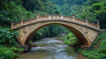 An arched bridge made of polished stone with intricate carvings, spanning a river surrounded by lush greenery
