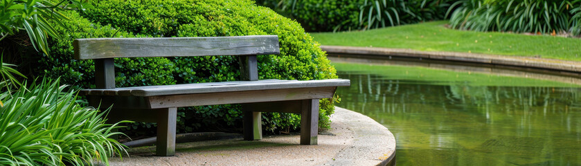 Naklejka premium Serene Park Bench Surrounded by Lush Greenery and Calm Reflective Water in a Tranquil Outdoor Setting