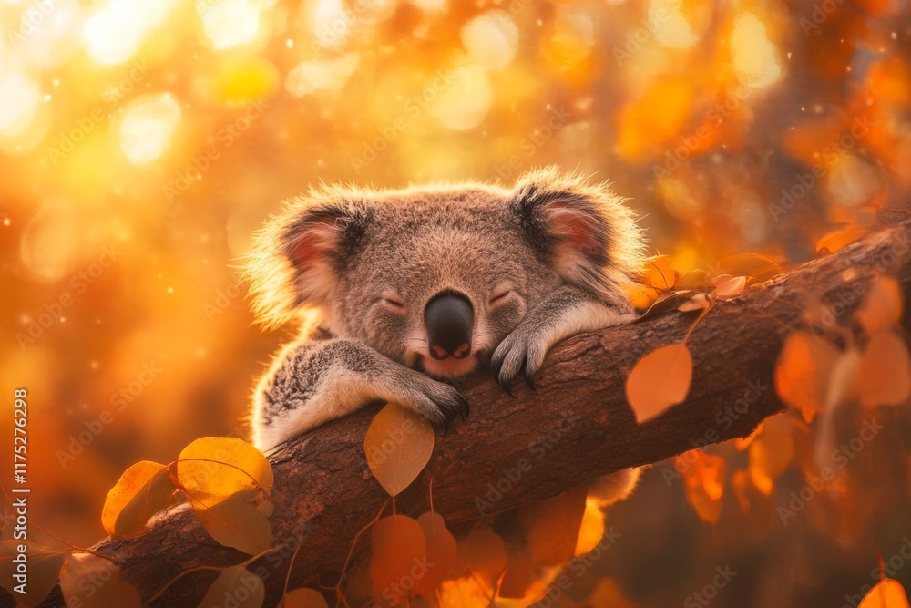 Poster a serene koala resting on a tree branch at sunset, with warm orange light creating a dreamy atmosphe
