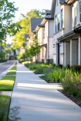 Serene Residential Neighborhood View with Lush Greenery and Well-Maintained Sidewalks Emphasizing Calm Urban Living in Daylight