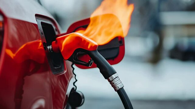 An uncontrolled fire broke out at a gas station while refueling. Close-up of a flaming fuel nozzle in a car's gas tank