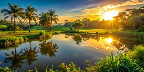 Stunning High-Definition Photo of a Farm Pond at Sunset, Brazil