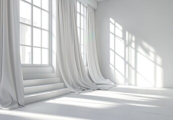 Obraz premium A bright, white room with a window and curtains, creating an empty space for text or product display.
