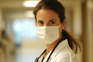Portrait of a Female Doctor Wearing a Protective Mask in a Hospital Corridor
