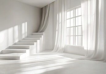 Obraz premium A bright, white room with a window and curtains, creating an empty space for text or product display.