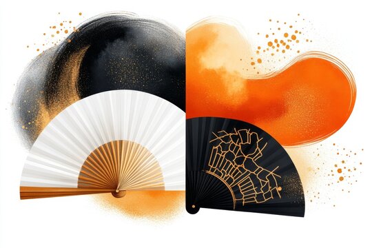 A simple graphic of a Korean fan (buchae) with traditional patterns, drawn on a plain white background