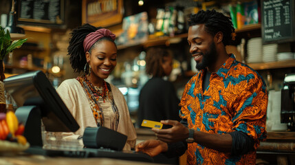 cheerful man pays with credit card at cozy cafe counter while smiling barista assists him