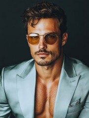 Obraz premium Stylish man in sunglasses poses confidently in a tailored suit