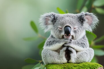 Naklejka premium A sleepy koala curled up in a ball, dozing peacefully on a thick tree branch surrounded by soft moss