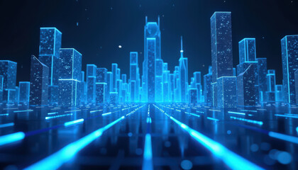 Digital glowing cityscape with futuristic blue lights