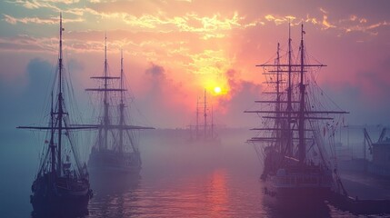 Ships sailing at sunset amidst foggy waters create a serene atmosphere.