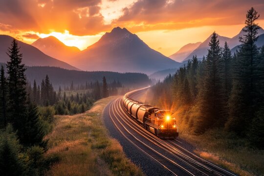 A highway running parallel to a railway track, with a speeding train in the distance and mountains beyond