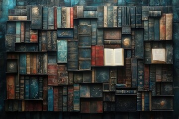 artistic graphic collage of knowledge and science books visually intertwining various themes and subjects creating an intricate tapestry of intellect and creativity