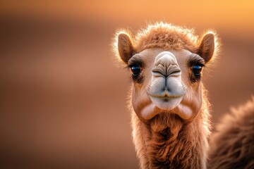 Fototapeta premium A hyper-realistic close-up of a camel face, showing fine details of its fur and long eyelashes, with a desert backdrop