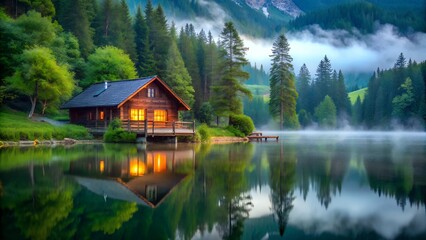 Fototapeta premium A serene lakeside scene featuring a cozy wooden cabin illuminated warmly, surrounded by lush green trees and misty mountains in the background, reflecting softly on the calm water.
