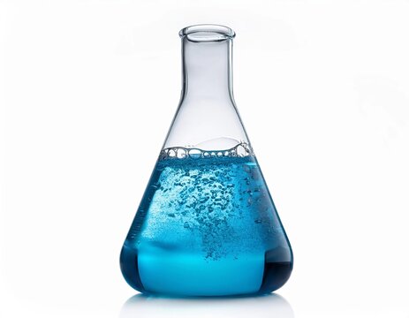 laboratory flask with blue liquid white background 