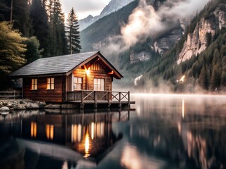 A serene lakeside scene featuring a cozy wooden cabin illuminated warmly, surrounded by lush green trees and misty mountains in the background, reflecting softly on the calm water.