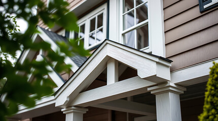 Fototapeta premium Residential Porch Architectural Detail with White Trim and Taupe Siding