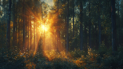 Panoramic forest view with sun rays shining through the trees