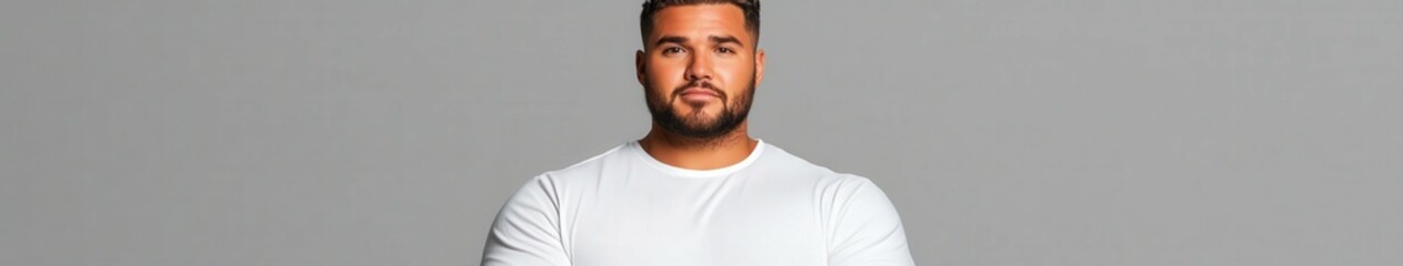 Obraz premium Confident man poses in a plain white shirt against a neutral background