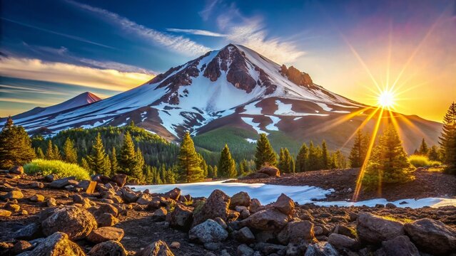 Stunning Summer Close-up of Mt. Bachelor, Bend Oregon: Snow-capped Peak in Sunny Sunlight