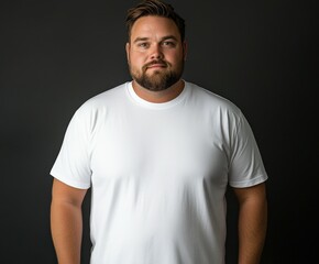 Man poses confidently in plain white shirt against dark background