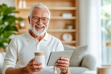 Happy senior man enjoying coffee while using a tablet at home