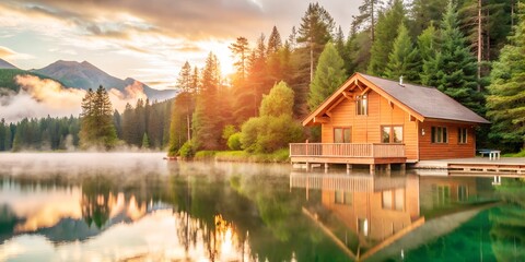 A serene lakeside scene featuring a cozy wooden cabin illuminated warmly, surrounded by lush green trees and misty mountains in the background, reflecting softly on the calm water.