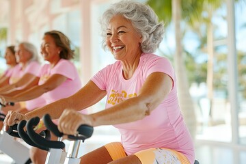 Senior women enjoying energetic spin class in bright fitness studio