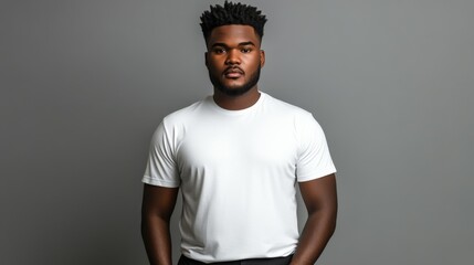 Obraz premium Young man posing confidently in a stylish white shirt against a gray backdrop
