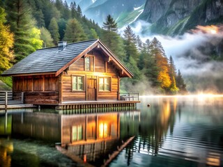 Fototapeta premium A serene lakeside scene featuring a cozy wooden cabin illuminated warmly, surrounded by lush green trees and misty mountains in the background, reflecting softly on the calm water.