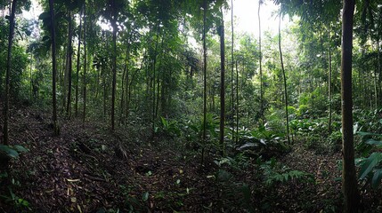 Obraz premium Lush Green Rainforest Canopy Dense Forest Floor