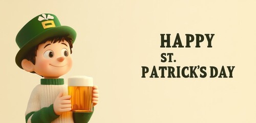 St. Paddy's Day, a cute boy wearing a green hat and white sweater, holding a beer glass with the text "HAPPY ST. PATRICK'S DAY", against a beige background