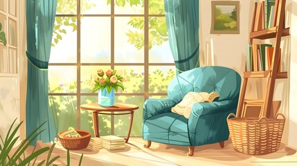 Fototapeta premium Cozy and Inviting Home Library with Sunlit Window and Floral Decor