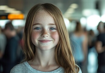 Obraz premium A young girl with light brown hair, blue eyes, and freckles smiles at the camera as she stands in an airport terminal, surrounded by other passengers waiting for their flight