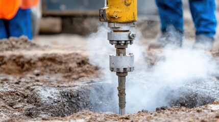 Close-up of a drilling rig in operation at a construction site with steam and dirt around the drill bit.