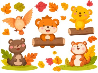 An illustration showcases adorable woodland creatures such as deer, rabbits, hedgehogs, bears, foxes, raccoons, birds, owls, and squirrels in a modern style