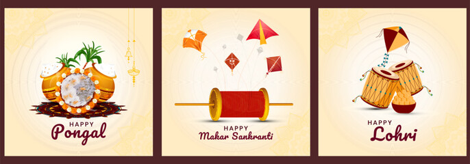  set of three social media design vector illustration on Indian festival celebration Happy Lohri, pongal and makar sankranti.