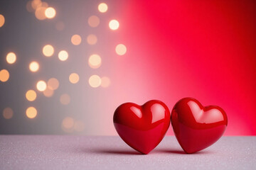 two shiny red heart shaped objects glittering surface bokeh