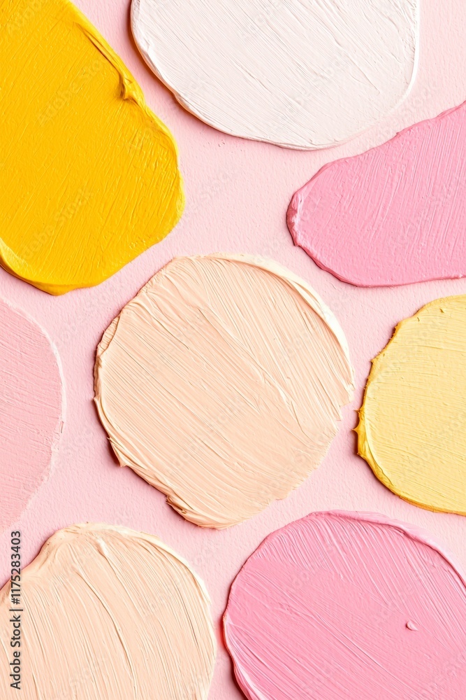 Poster colorful paint blobs on pink background in artistic arrangement for creative projects