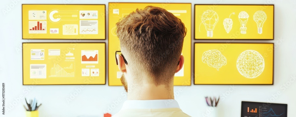 Aufkleber a person analyzes colorful infographics displayed on a wall, focusing on data and visual insights in