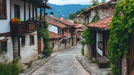 Obraz premium Stone Street Cobblestone Pathway Through Ancient Village Houses