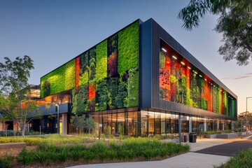 Business center with modular architectural design and vibrant green walls integrated into the exterior