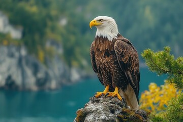 Obraz premium bald eagle stands majestically on a cliff edge overlooking a breathtaking ocean view feathers glistening in the sunlight symbolizing freedom and the wild beauty of natures landscapes