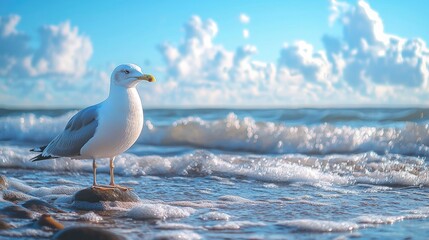 Fototapeta premium Majestic Seagull on the Beach: A Stunning Coastal Scene